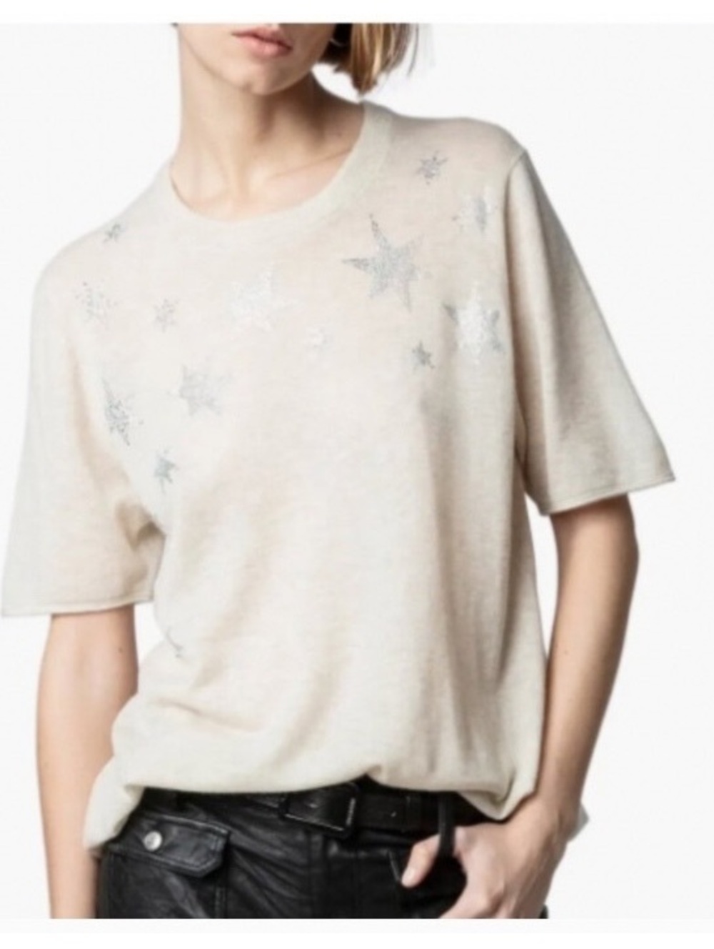 Zadig & Voltaire Beaded Star Fine Gauge Cashmere Sweater Tee L